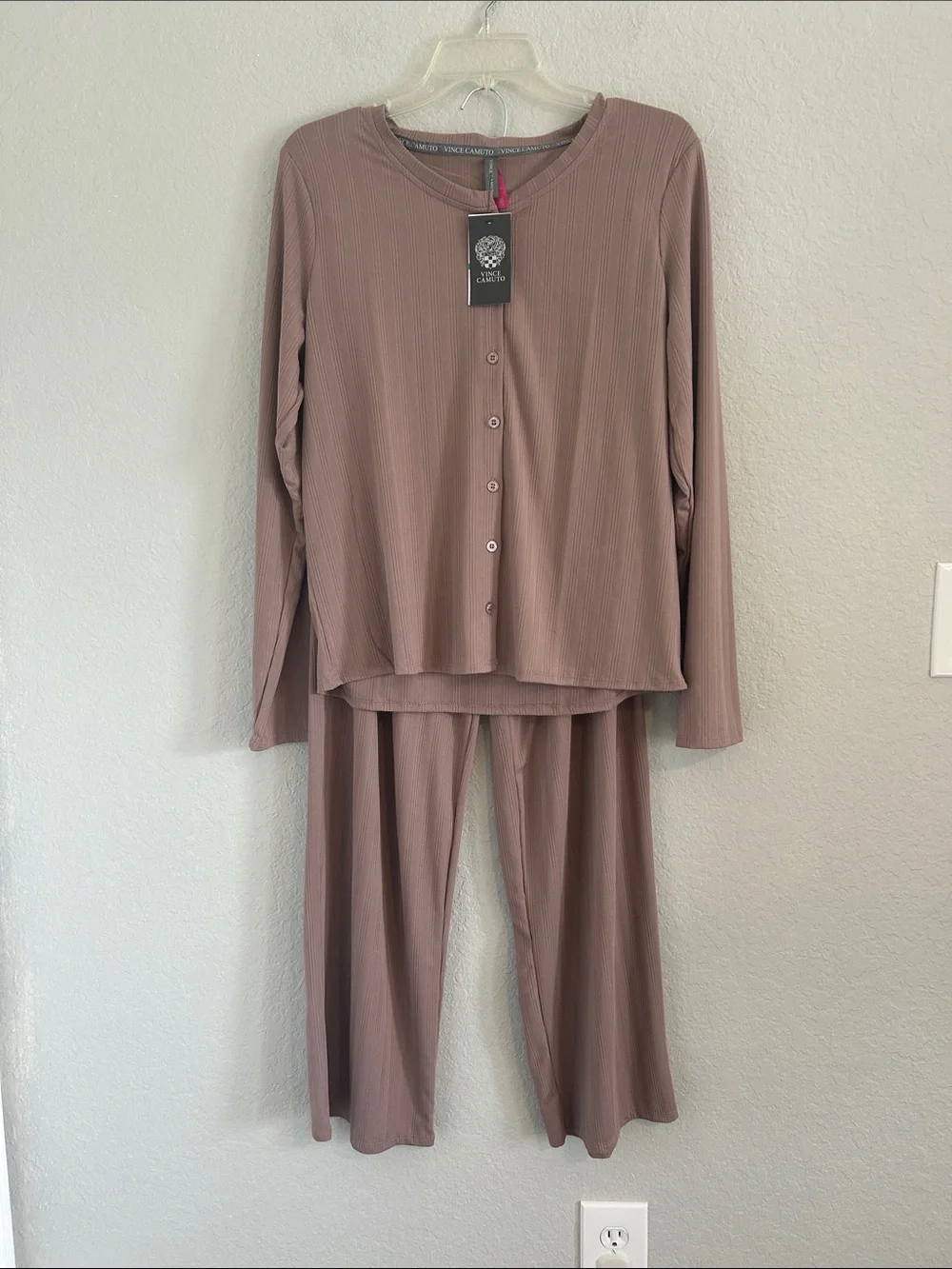 Vince Camuto Mauve Ribbed Button-Front Pajama Set